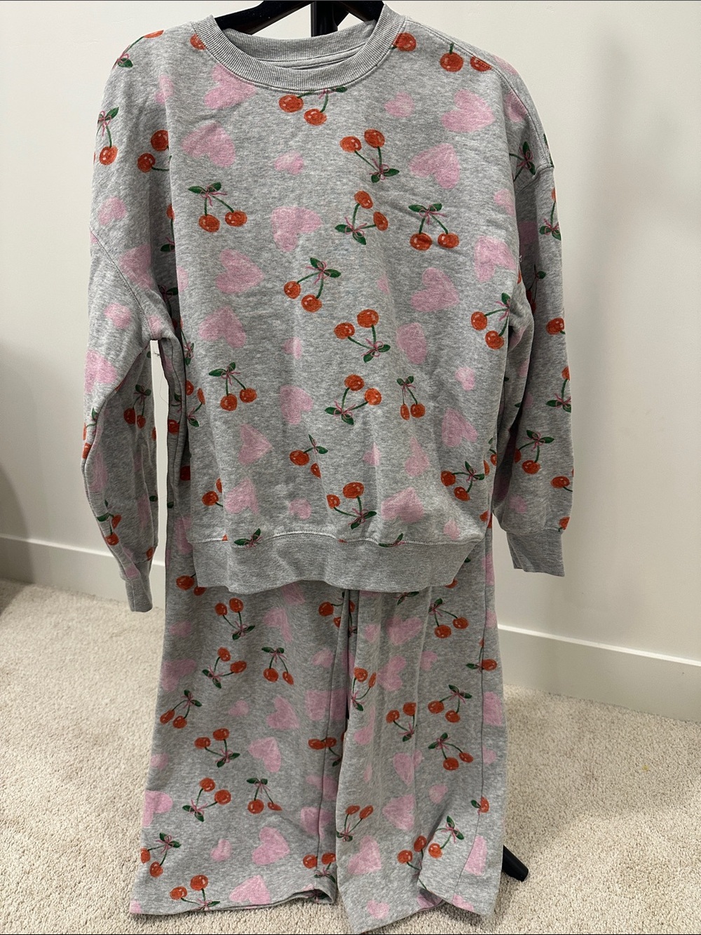 Zoe + Liv Gray Sweatshirt & Pant Set with Red Cherry and Pink Heart Print